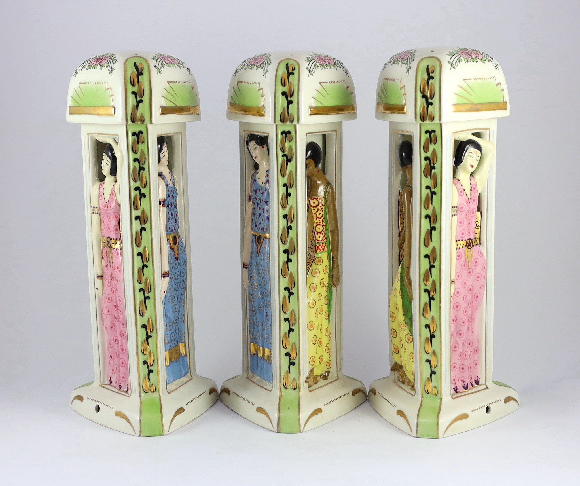 Three Limoges for Maison Duchaussy Art Deco ceramic 'Three Continents' perfume burners, 42cms high 42.5cm high